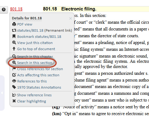 Dropdown menu on the statutes website, with Search in this section circled