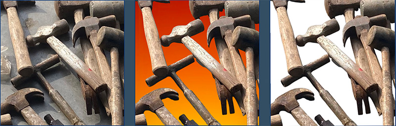 three photos of hammers, one with a background of cement, one with a gradiated orange background, and one with a white background